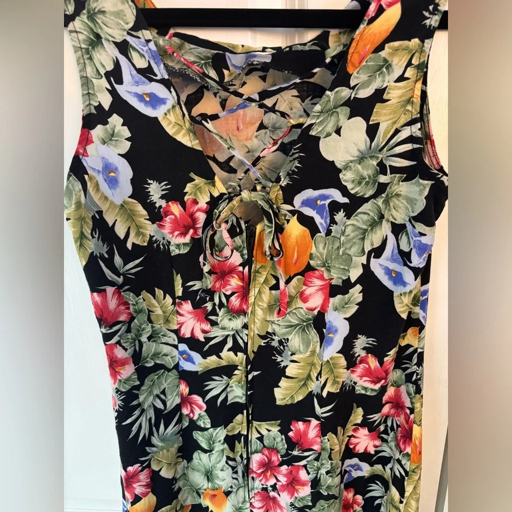 Vintage Ulterior Motives Black Floral Tropical Sleeveless Midi Dress Size 9/10 - Picture 6 of 6